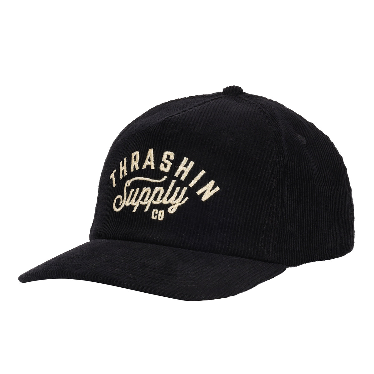 Cursive Corduroy Snapback - Black | Light Structure Slightly Curved Bill