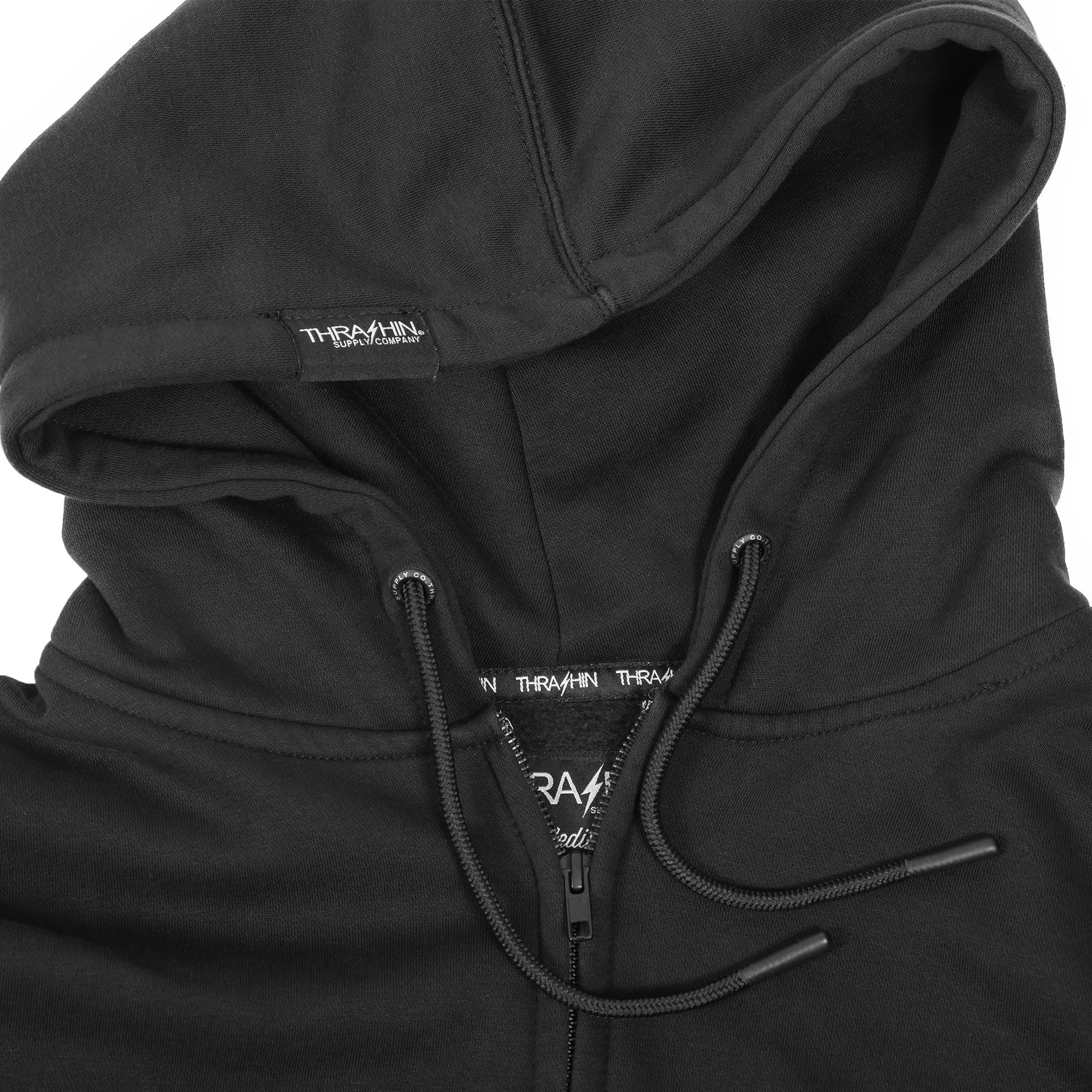 Black hoodie with clearance white strings and zipper